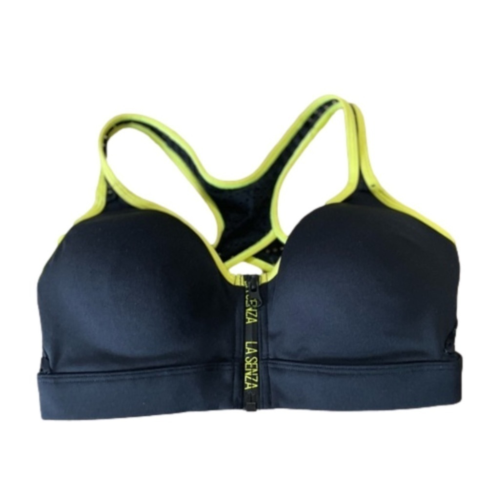 LA SENZA Black & Yellow zip-up Sports bra with crisscross back. Size Small